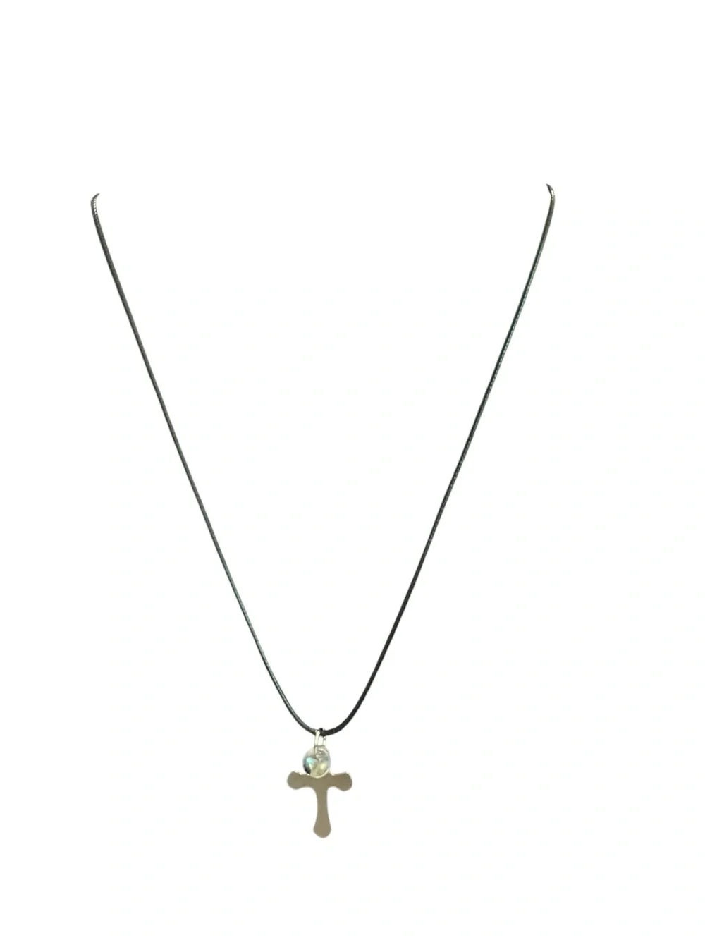 Silver Tone Cross Pendant Necklace Black Leather Cord Christian Faith Jewelry